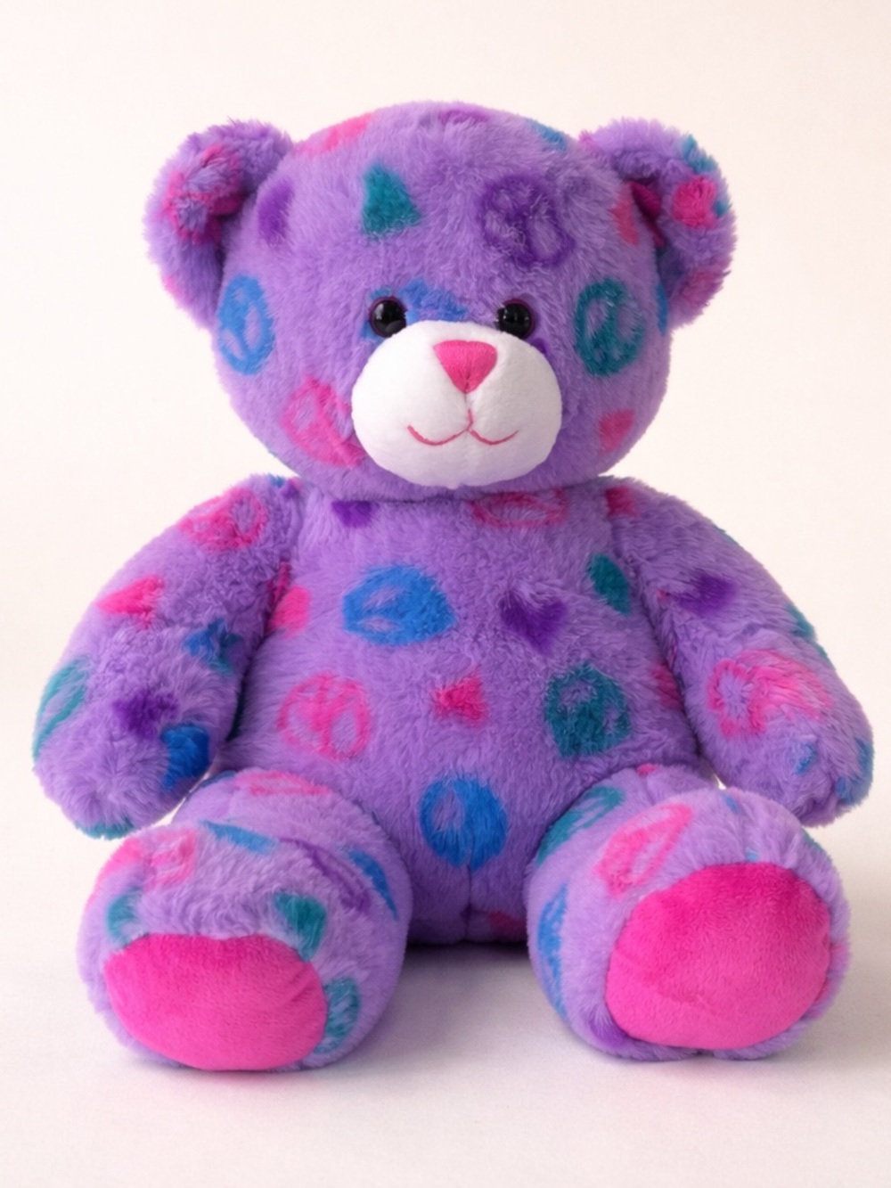 Build-A-Bear Purple Plush Teddy Bear Multicolor Peace Hearts Stuffed Animal 2011